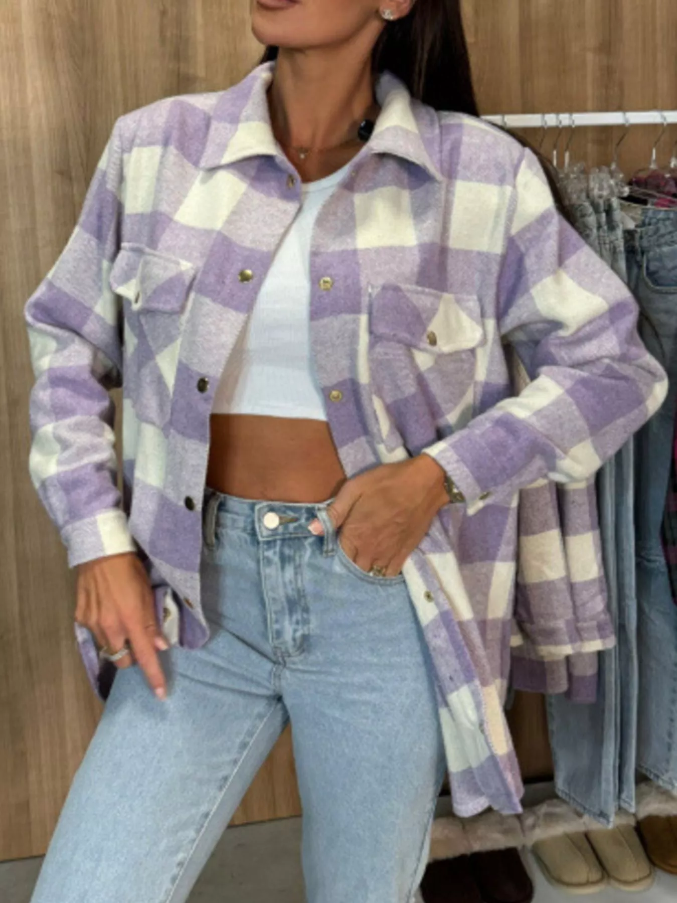 Plaid Button-Down Long Sleeve Shacket - Image 14