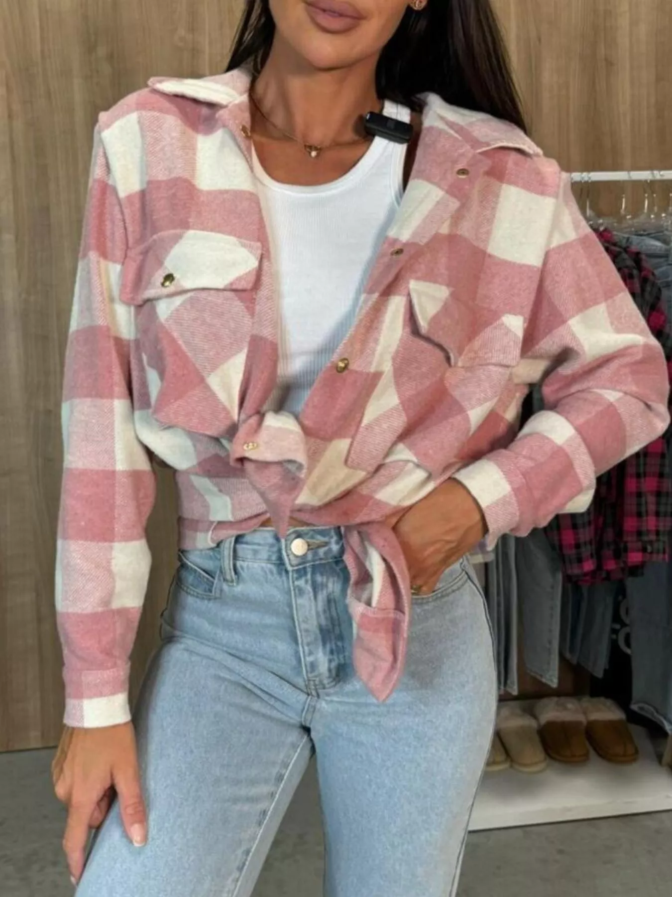 Plaid Button-Down Long Sleeve Shacket - Image 2