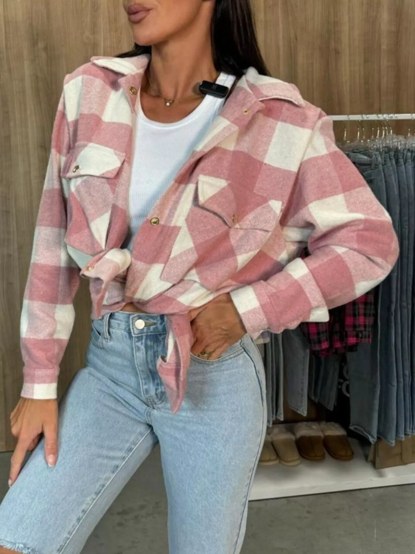 Plaid Button-Down Long Sleeve Shacket - Image 3