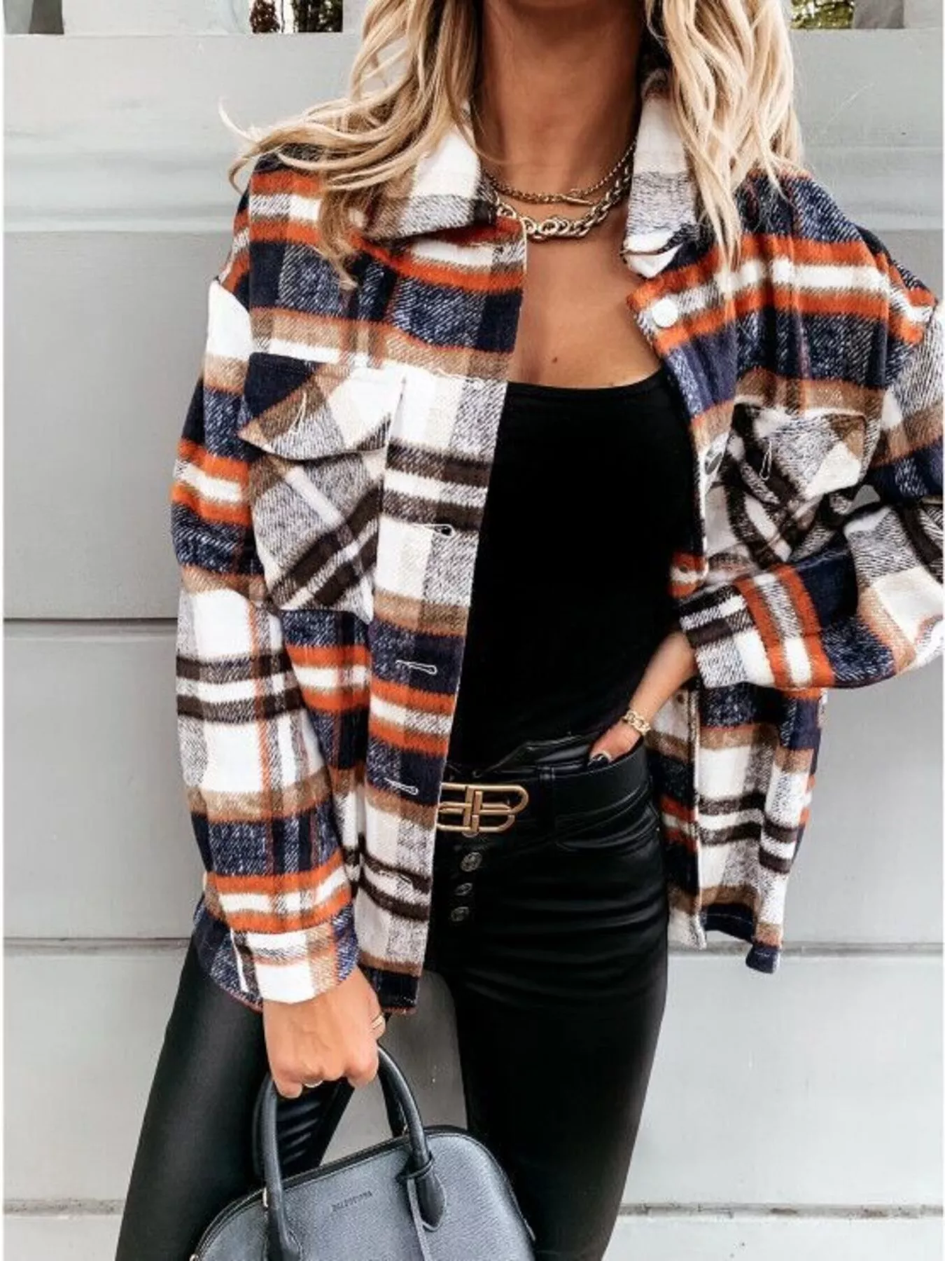 Plaid Button-Down Long Sleeve Shacket - Image 10