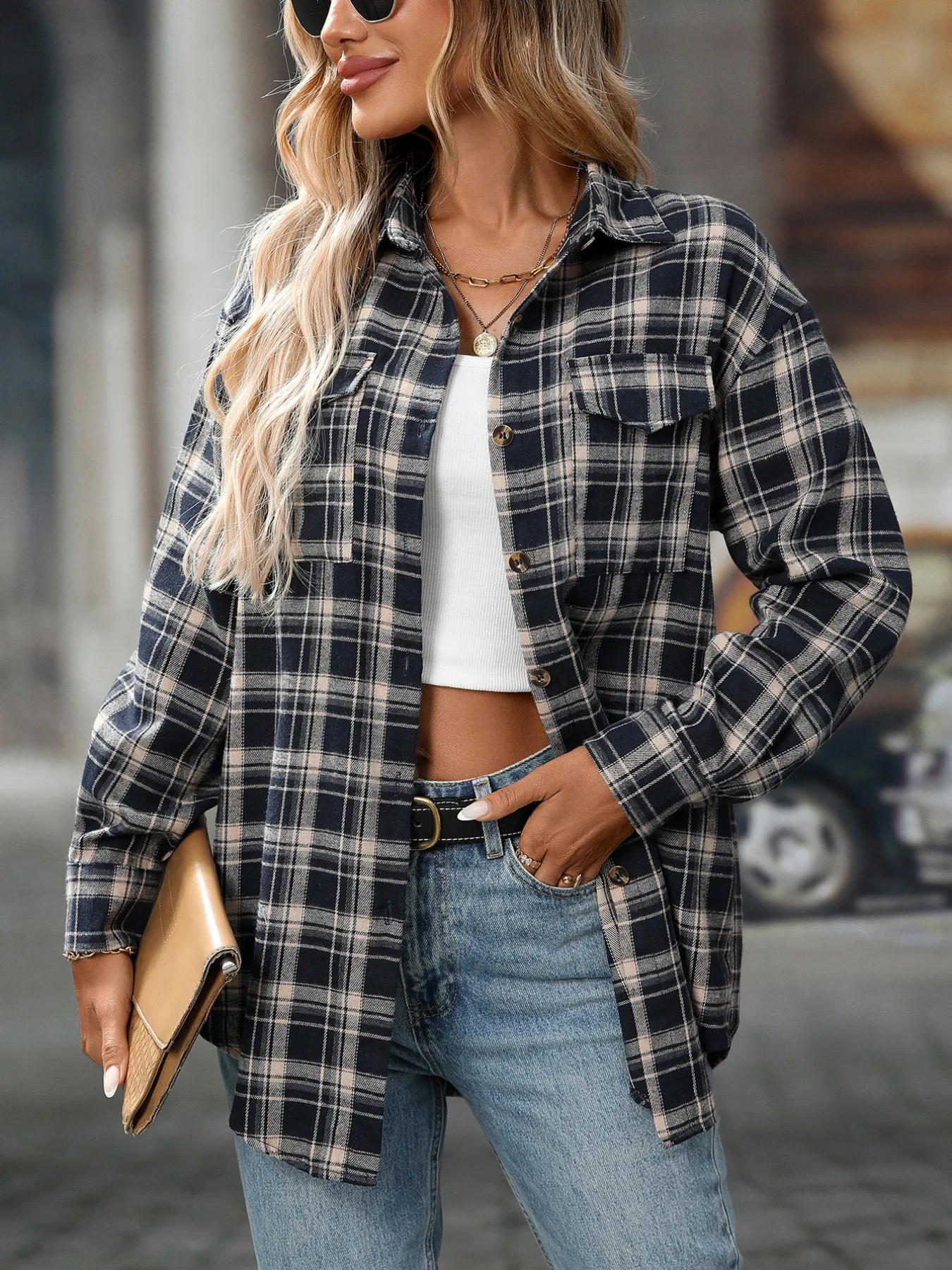 Plaid Button-Down Oversized Shirt - Image 13