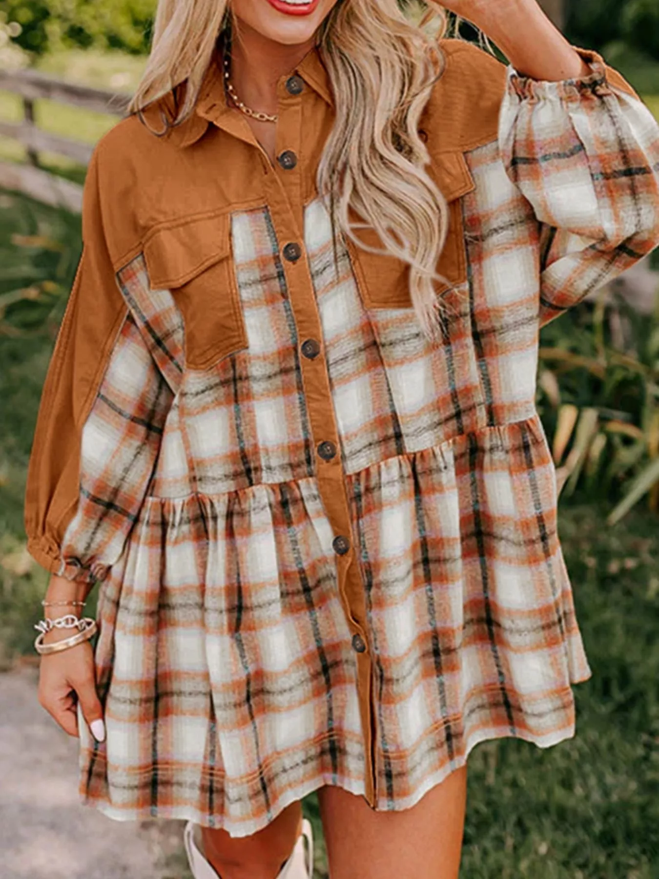 Plaid Button Front Mini Dress - Image 3