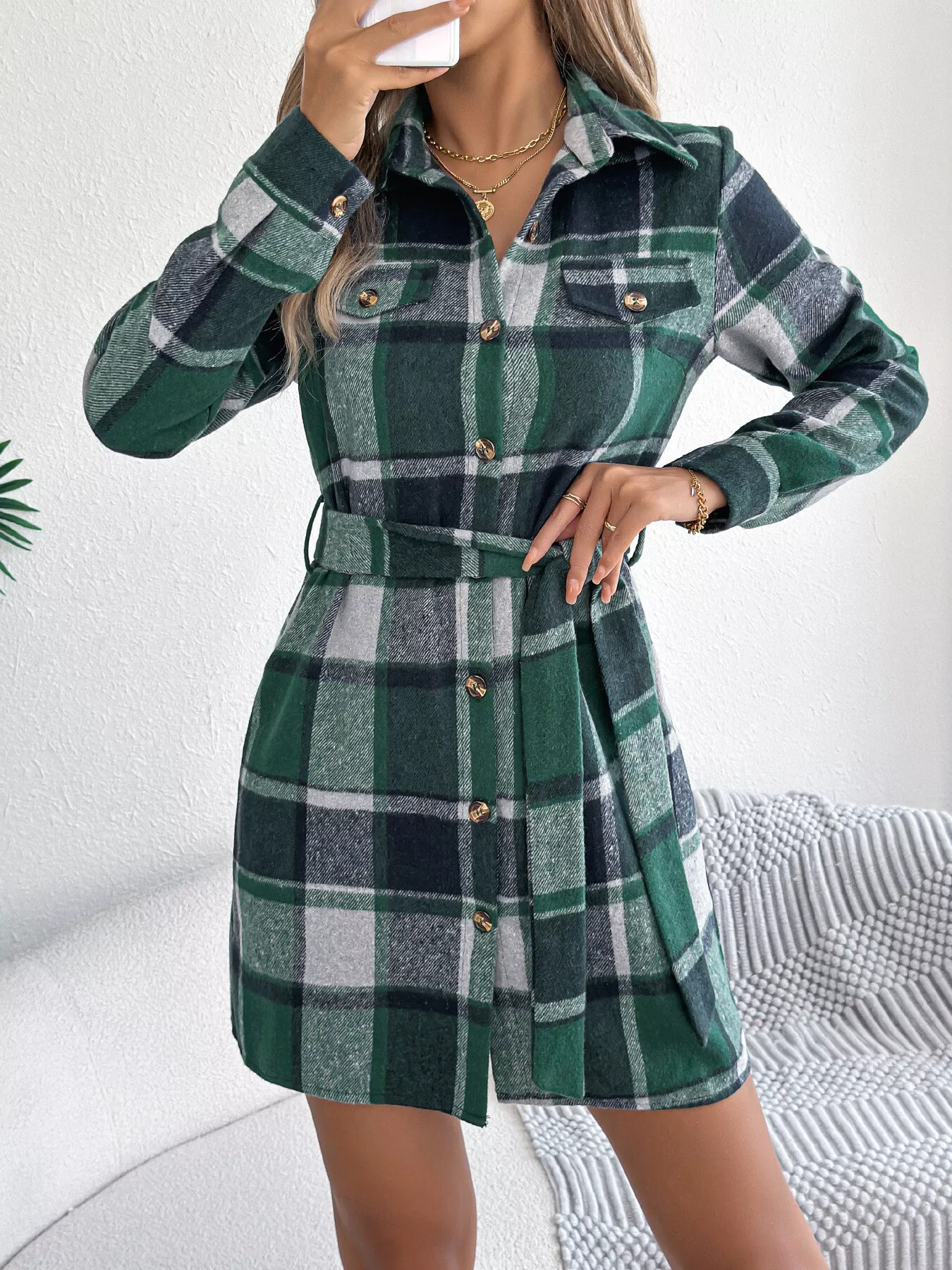 Plaid Button Front Tie Waist Shirt Dress - Image 3