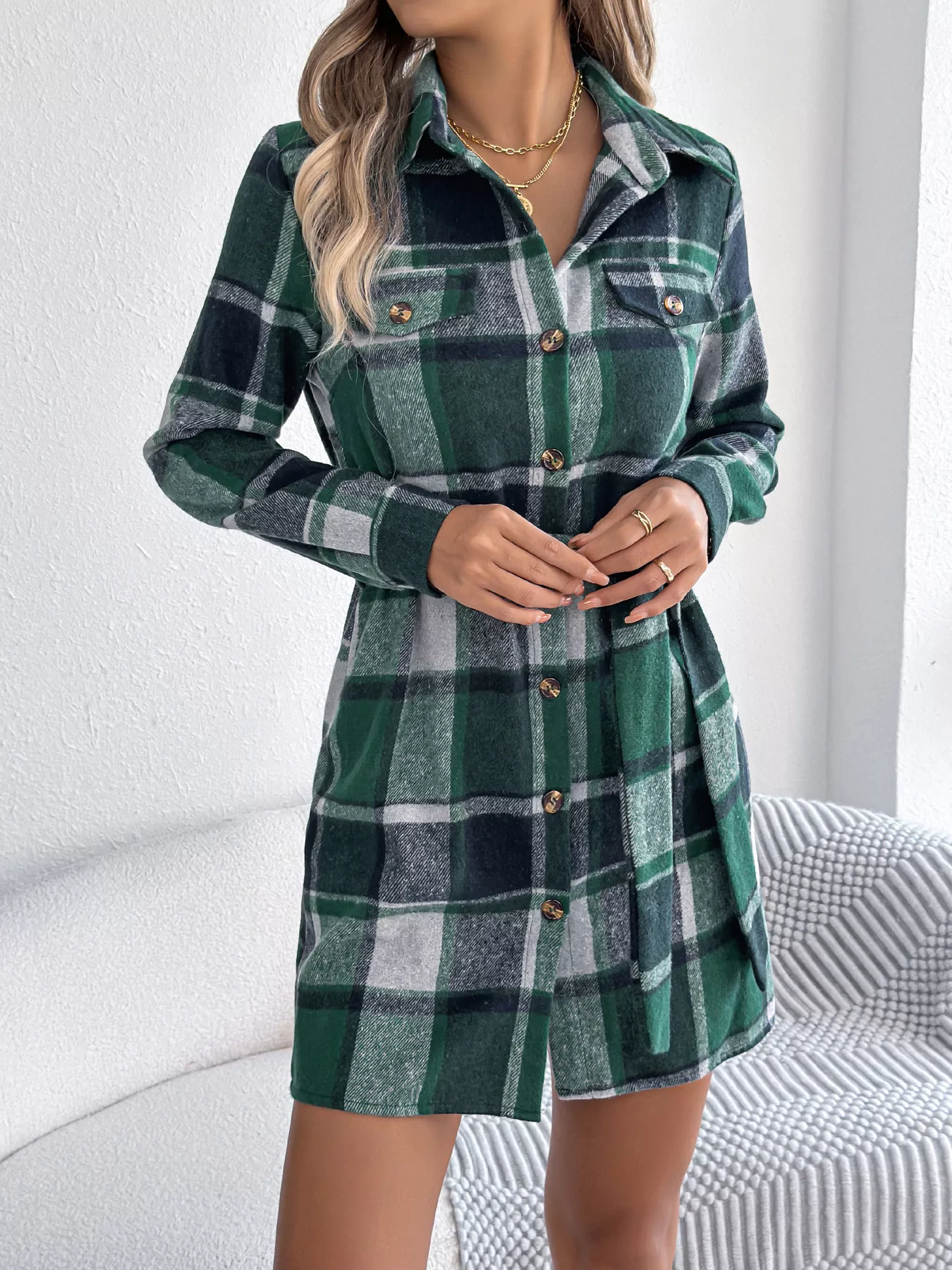 Plaid Button Front Tie Waist Shirt Dress - Image 4
