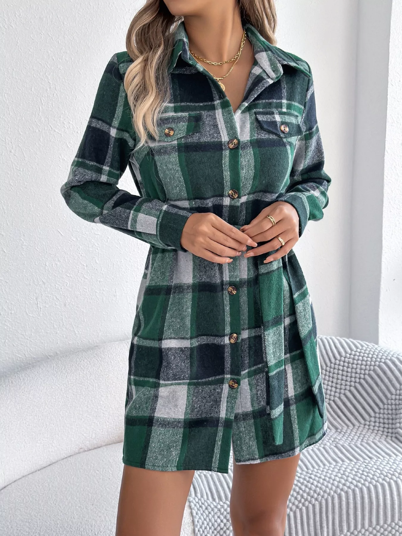 Plaid Button Front Tie Waist Shirt Dress - Image 6