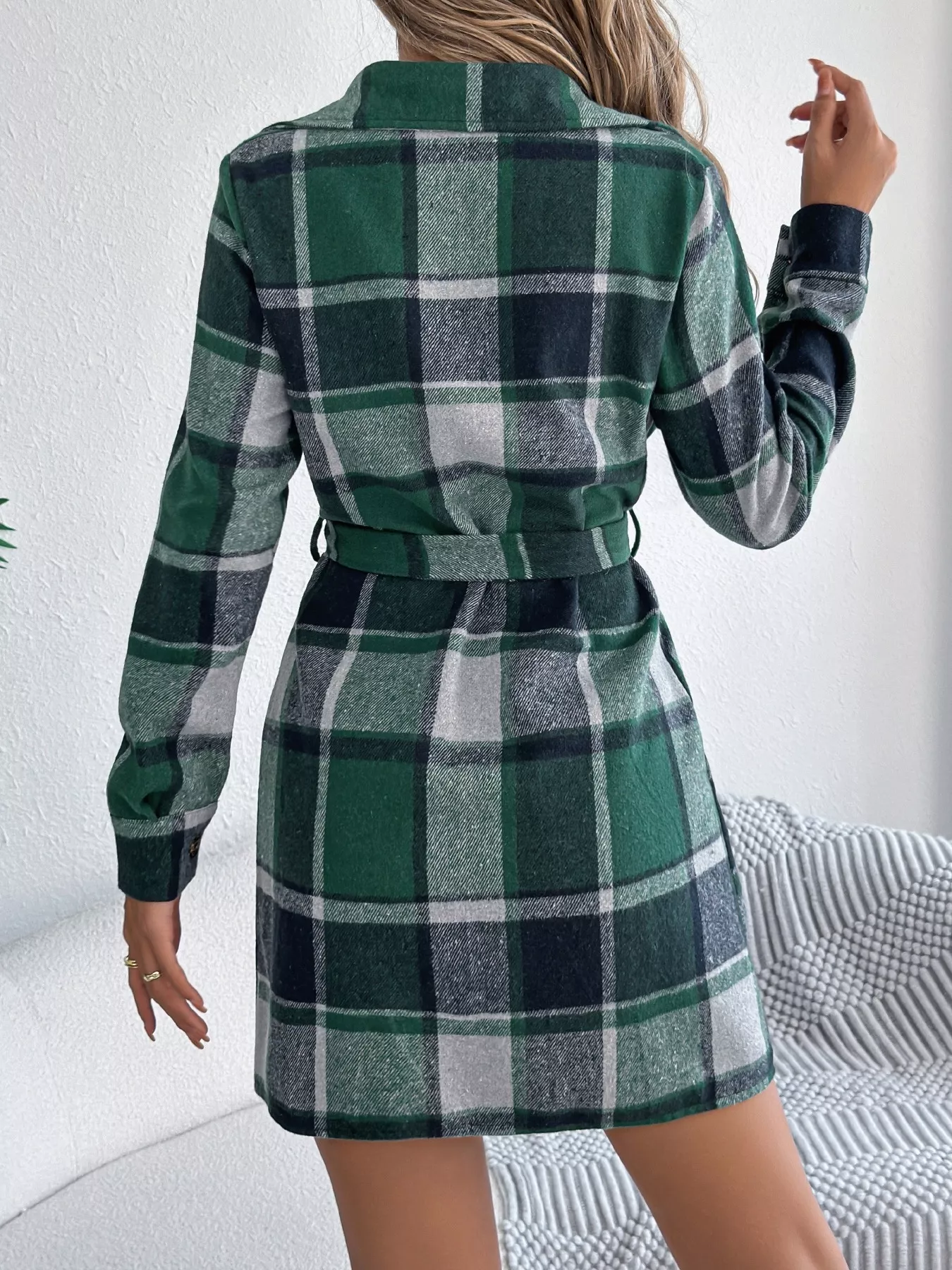 Plaid Button Front Tie Waist Shirt Dress - Image 7