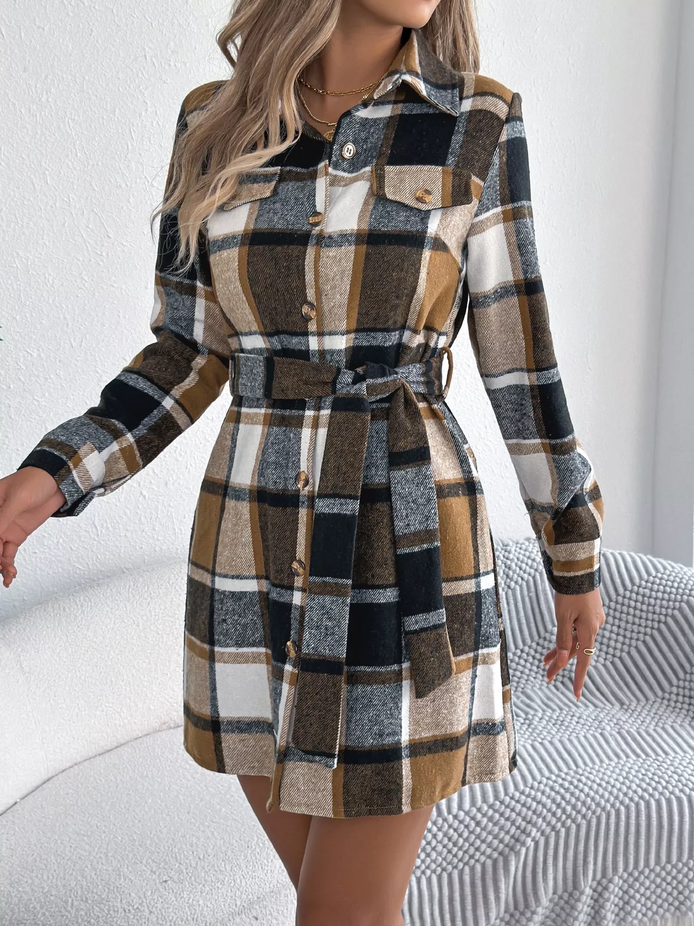Plaid Button Front Tie Waist Shirt Dress - Image 8