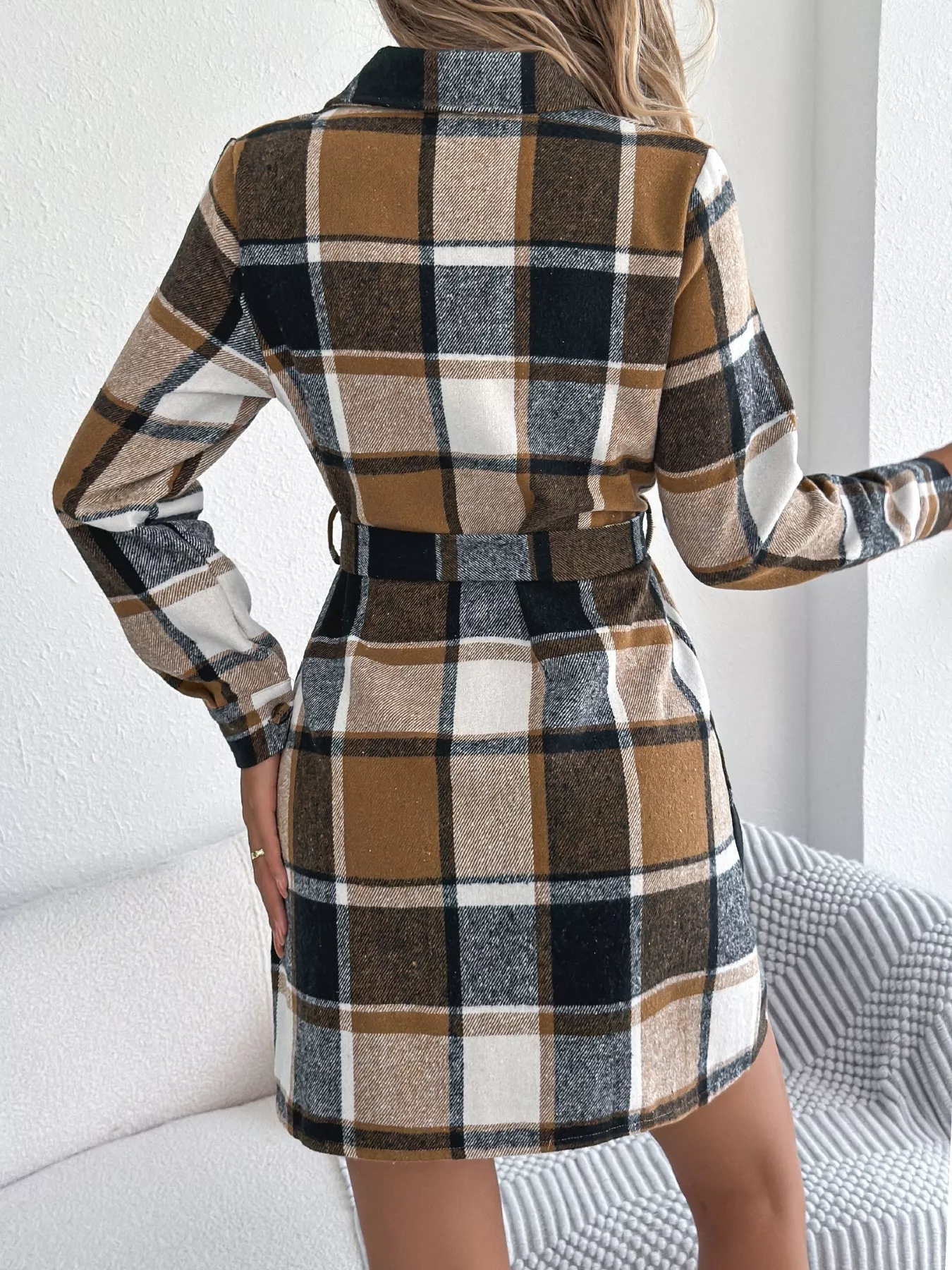 Plaid Button Front Tie Waist Shirt Dress - Image 9