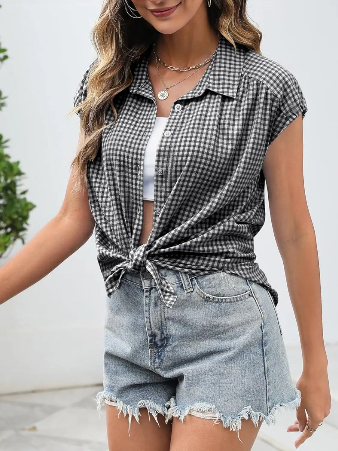 Plaid Button Up Cap Sleeve Shirt - Image 14
