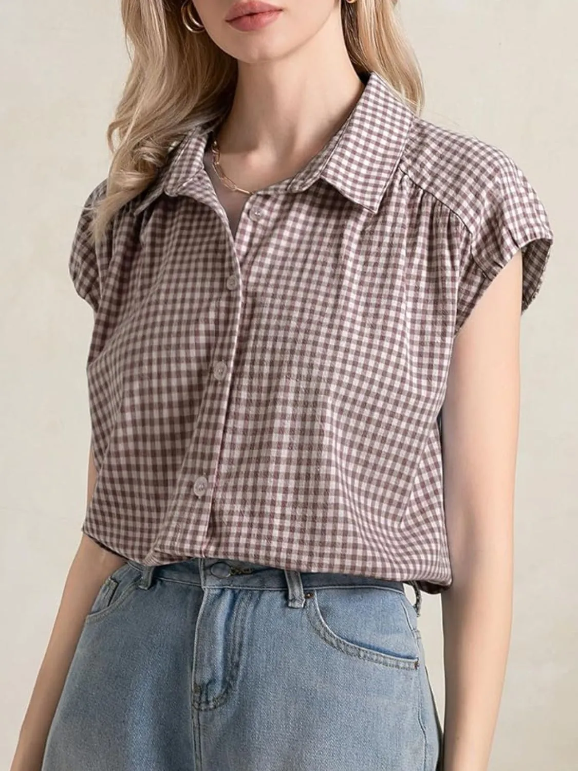 Plaid Button Up Cap Sleeve Shirt - Image 7