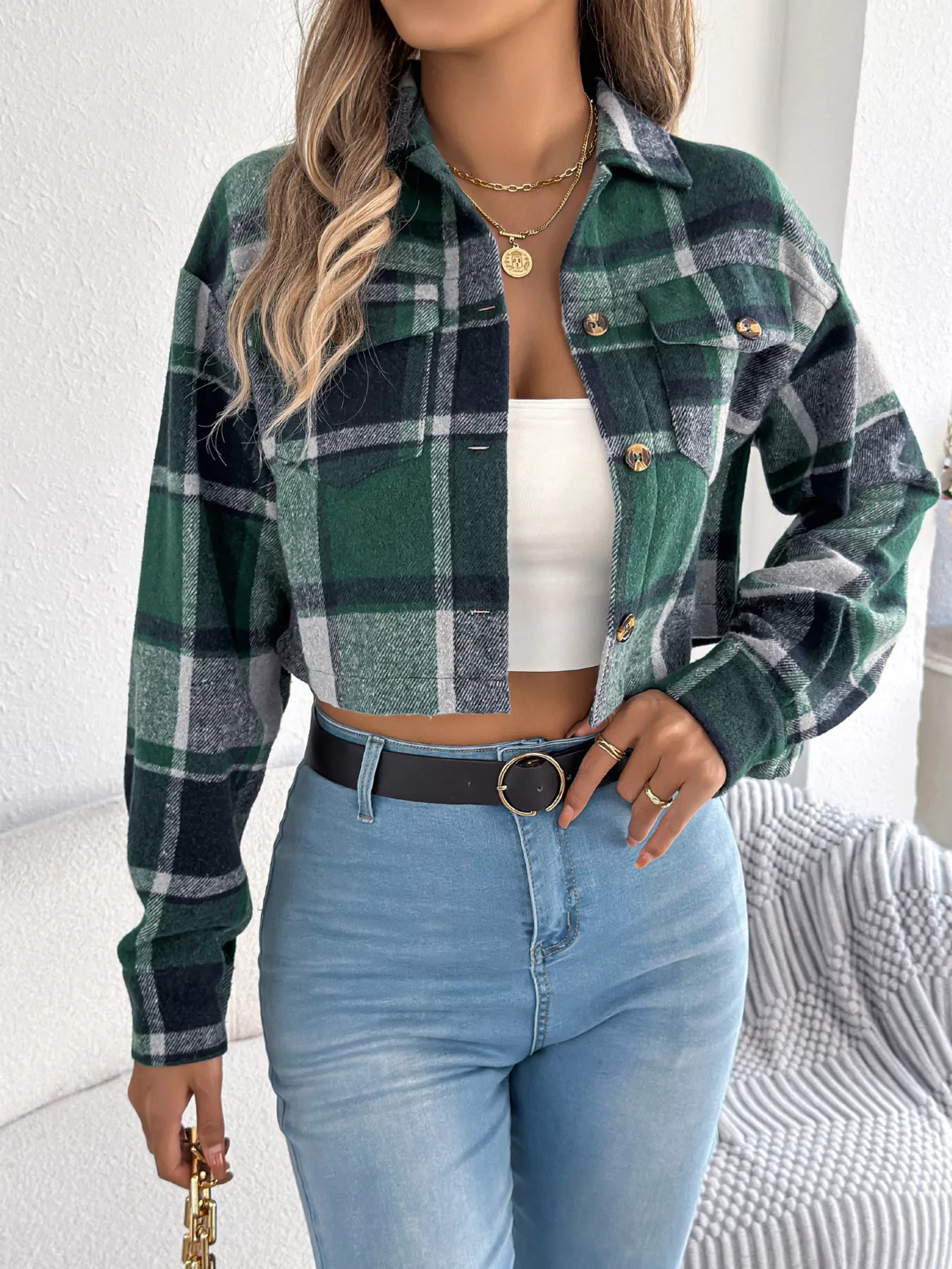 Plaid Button Up Cropped Jacket - Image 12