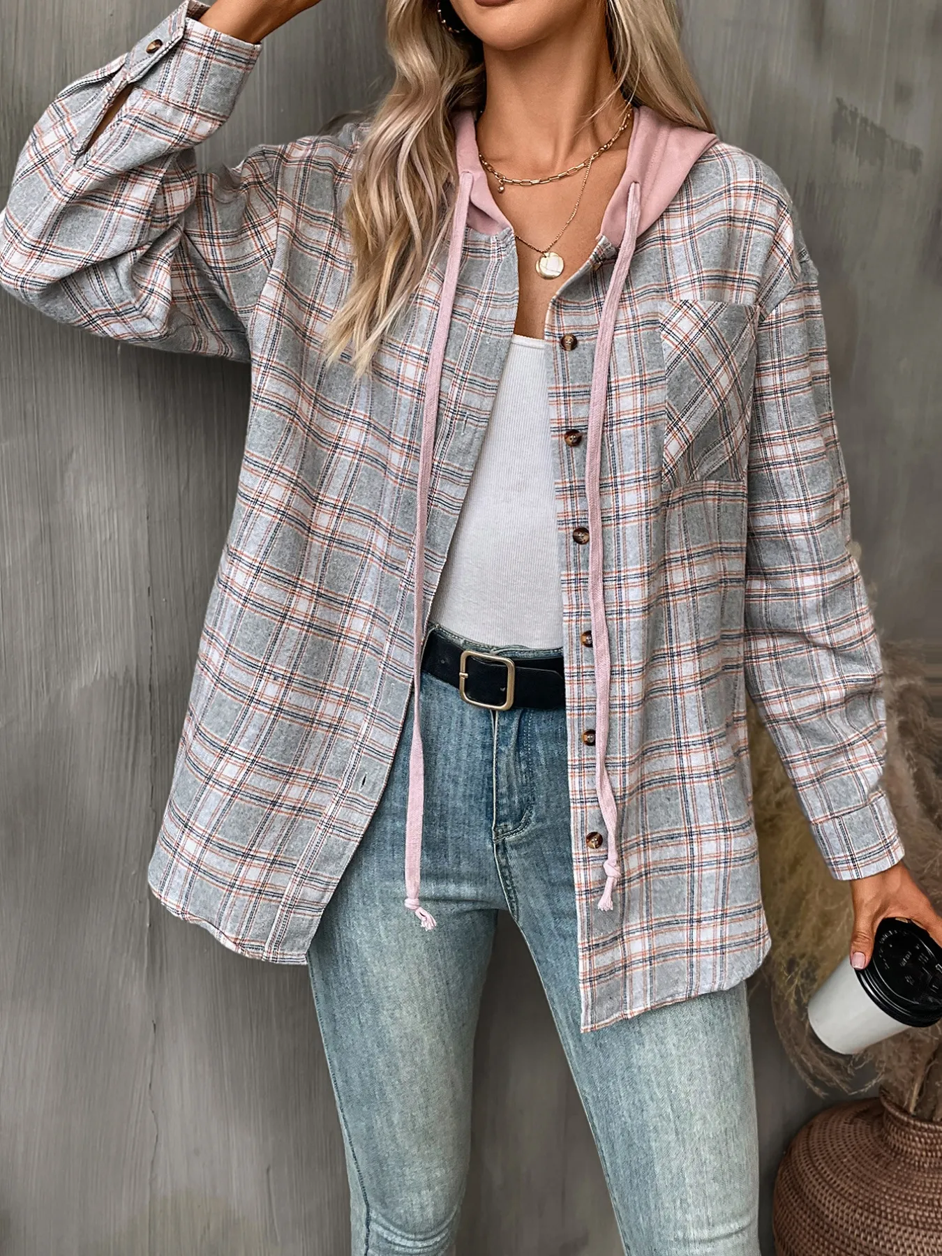 Plaid Button-Up Hooded Shirt - Image 21