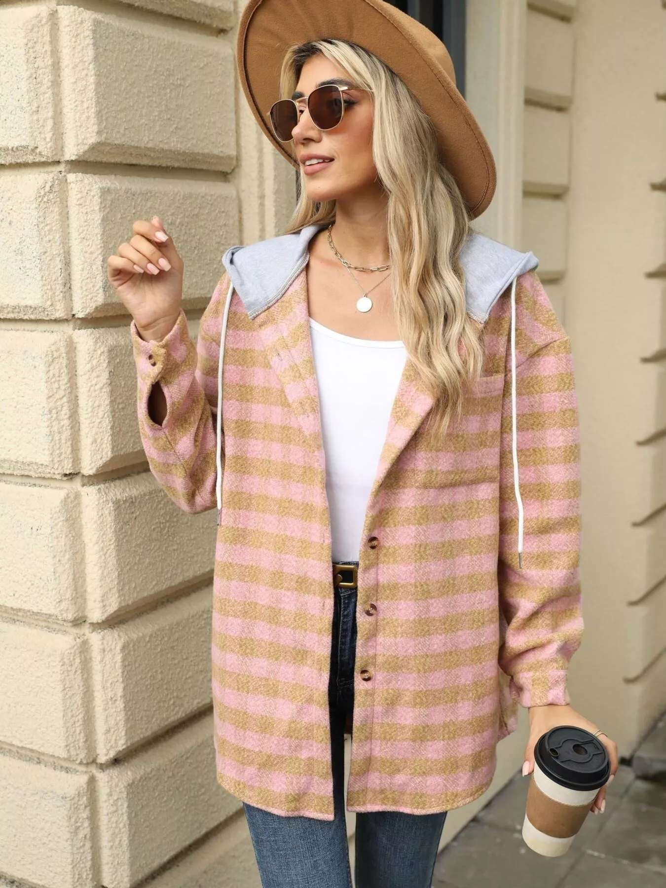 Plaid Button Up Long Sleeve Drawstring Hooded Jacket - Image 13