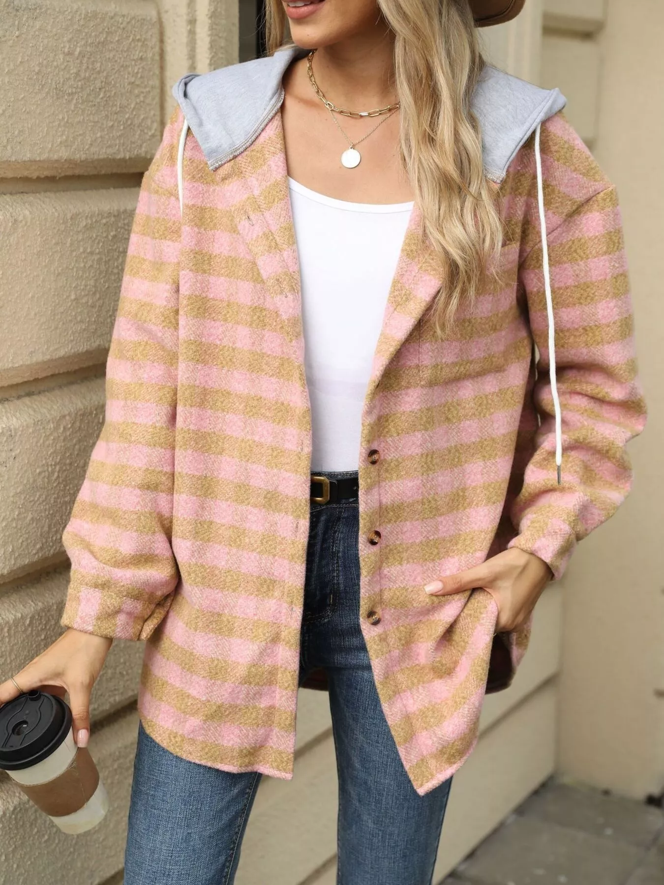 Plaid Button Up Long Sleeve Drawstring Hooded Jacket - Image 16