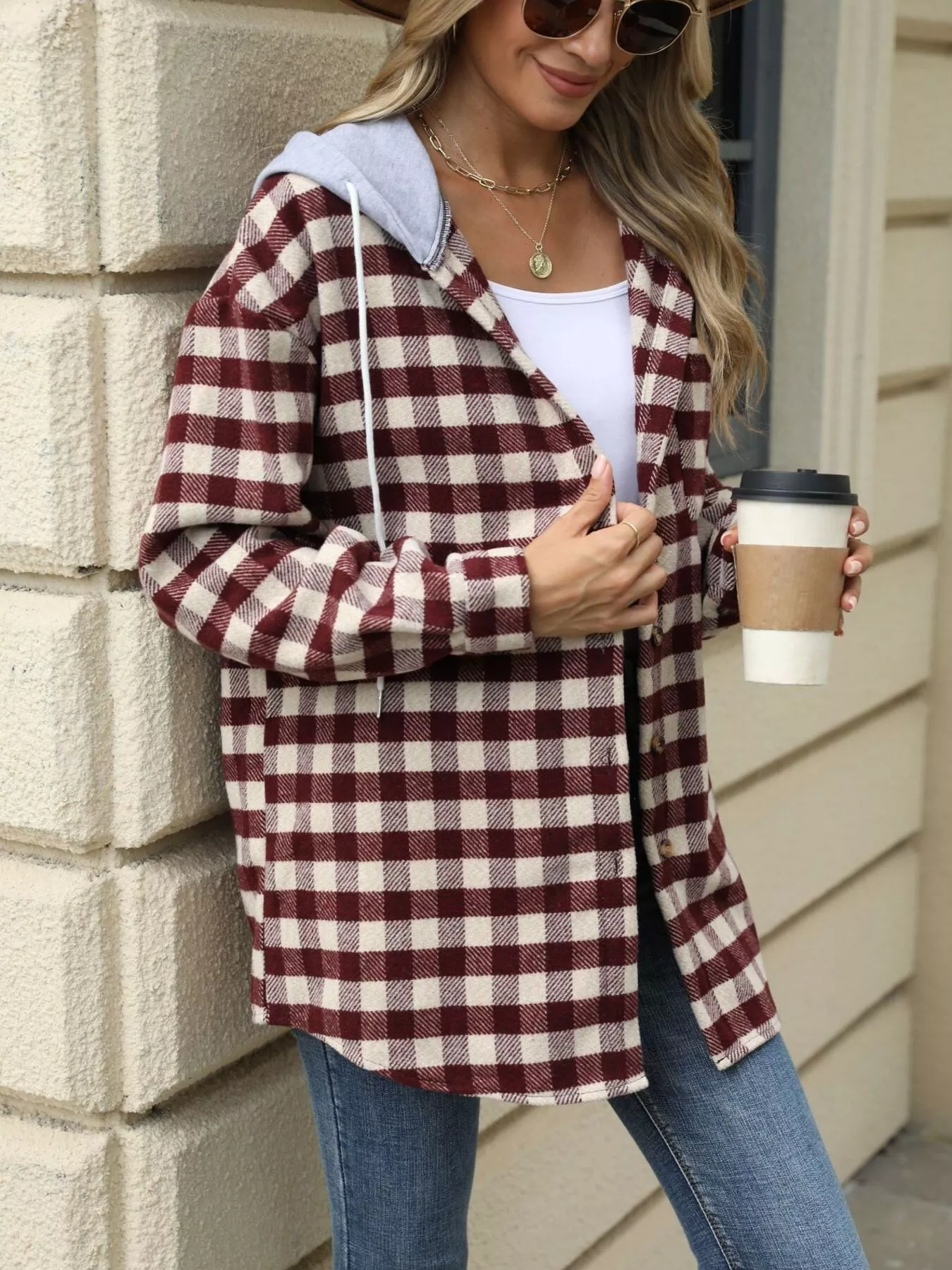 Plaid Button Up Long Sleeve Drawstring Hooded Jacket - Image 23