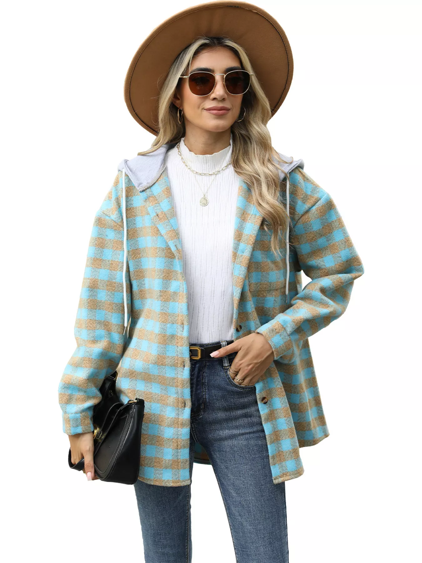 Plaid Button Up Long Sleeve Drawstring Hooded Jacket - Image 8