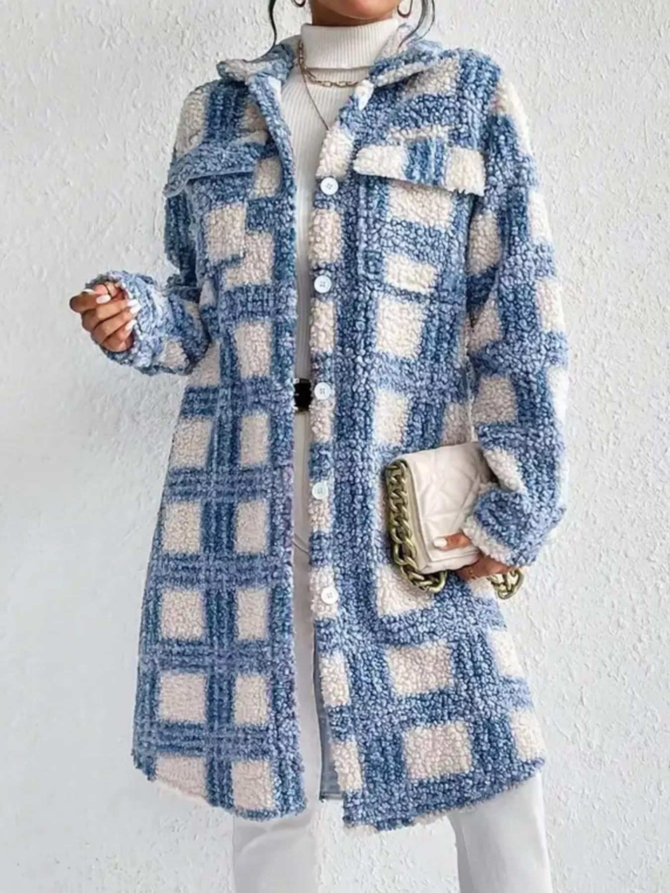 Plaid Button Up Long Sleeve Fleece Coat - Image 3