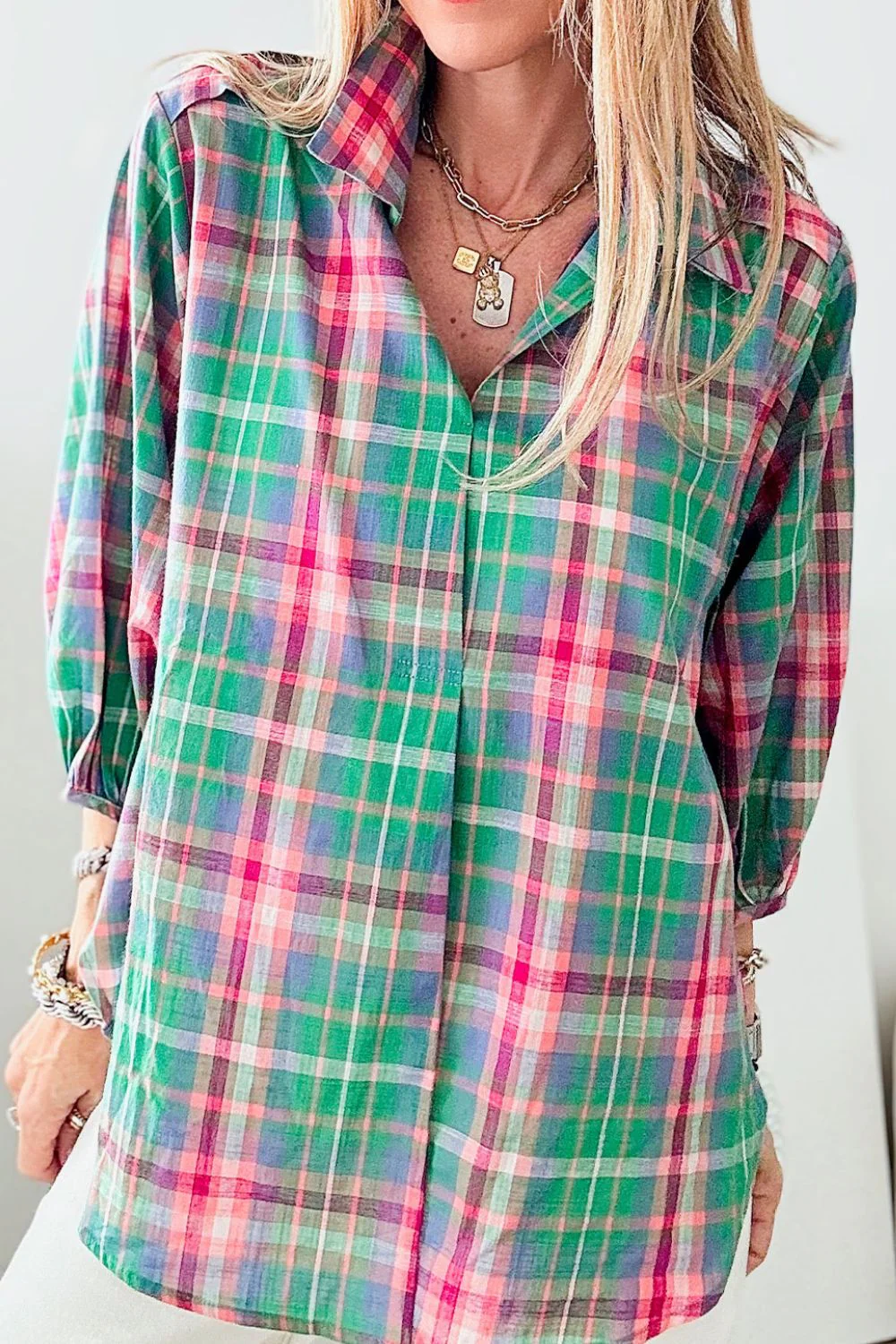 Plaid Collared Neck Three-Quarter Sleeve Shirt - Image 4