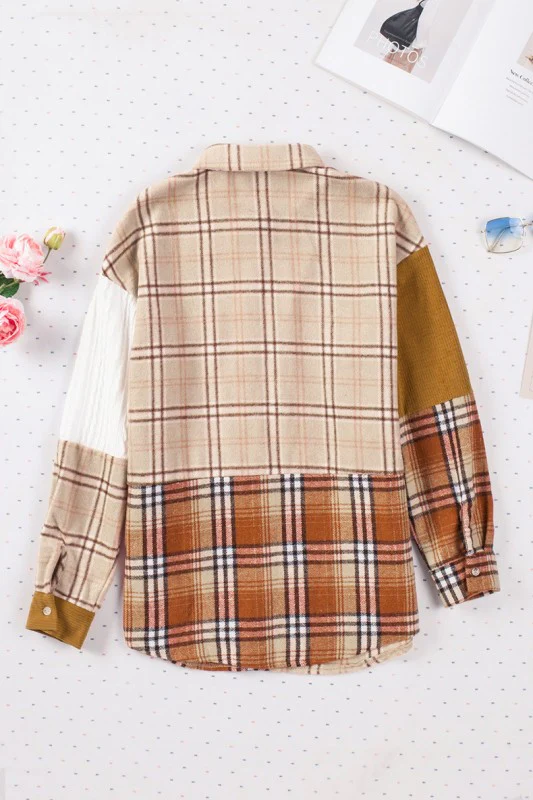 Plaid Color Block Patchwork Jacket with Pocket - Image 4
