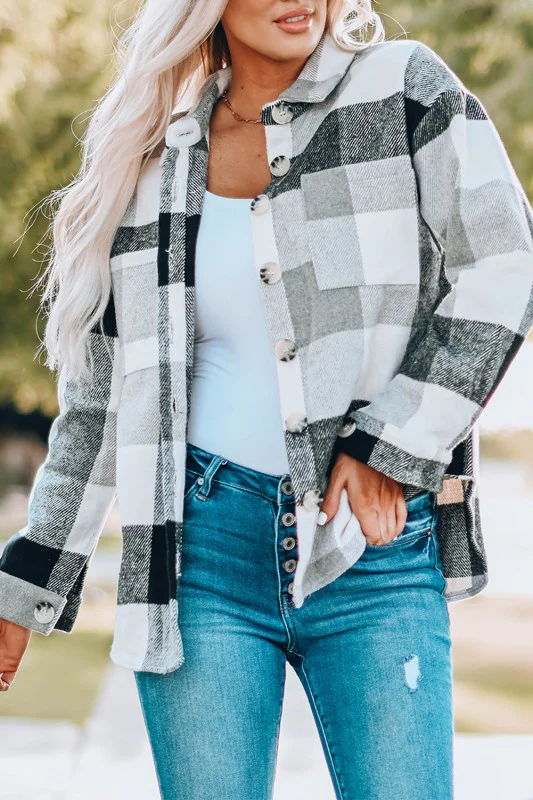 Plaid Colorblock Button-Up Long Sleeve Pocketed Sh