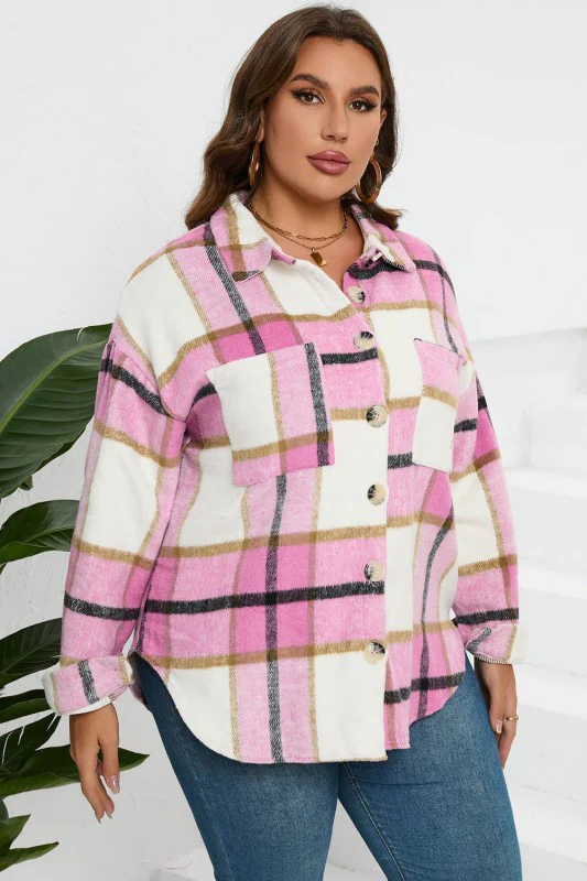 Plaid Colorblock Button-Up Long Sleeve Pocketed Sh - Image 21