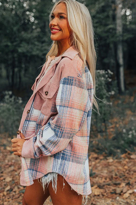 Plaid Corduroy Patchwork Chest Pocket Shacket - Image 16