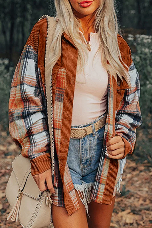 Plaid Corduroy Patchwork Chest Pocket Shacket - Image 3