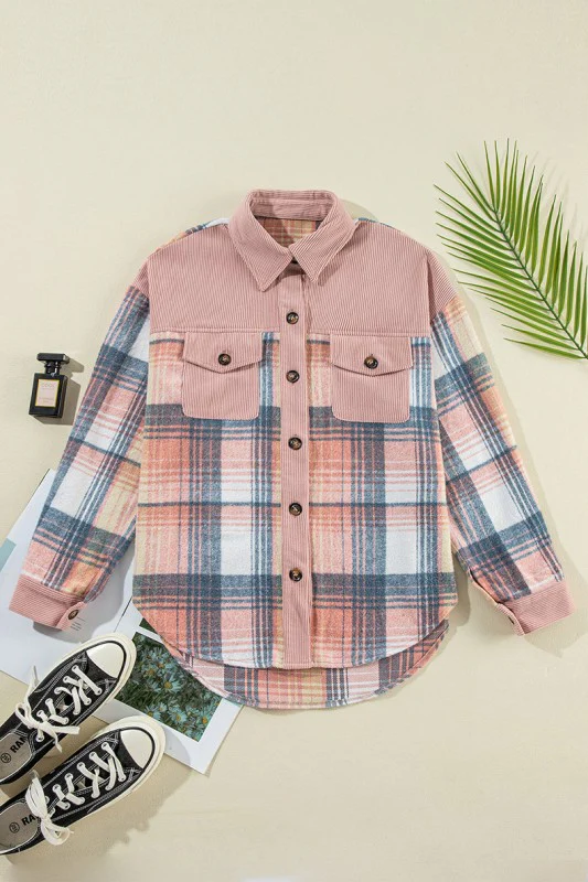 Plaid Corduroy Patchwork Chest Pocket Shacket - Image 30