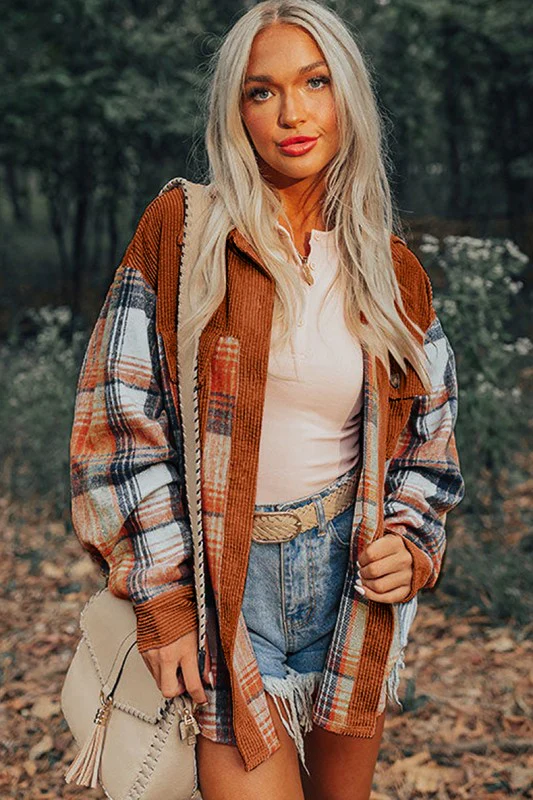 Plaid Corduroy Patchwork Chest Pocket Shacket - Image 4