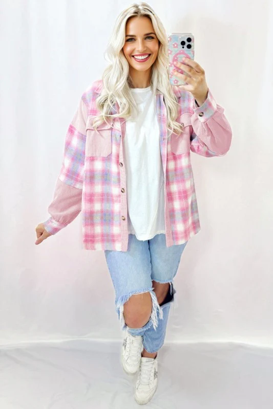 Plaid Corduroy Patchwork Flap Pocket Shacket - Image 3