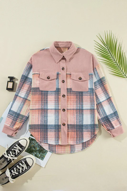 Plaid Corduroy Patchwork Pocketed Shacket - Image 12