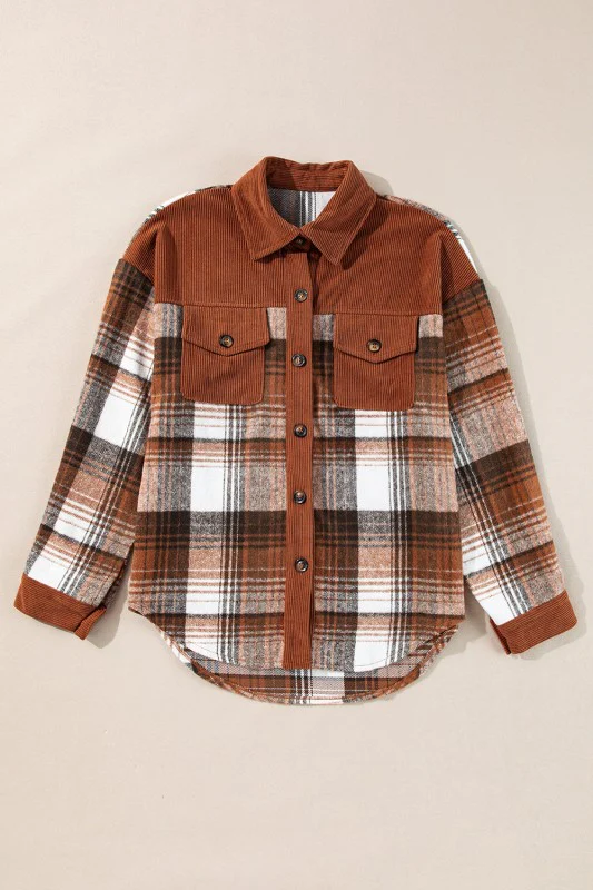 Plaid Corduroy Patchwork Pocketed Shacket - Image 22