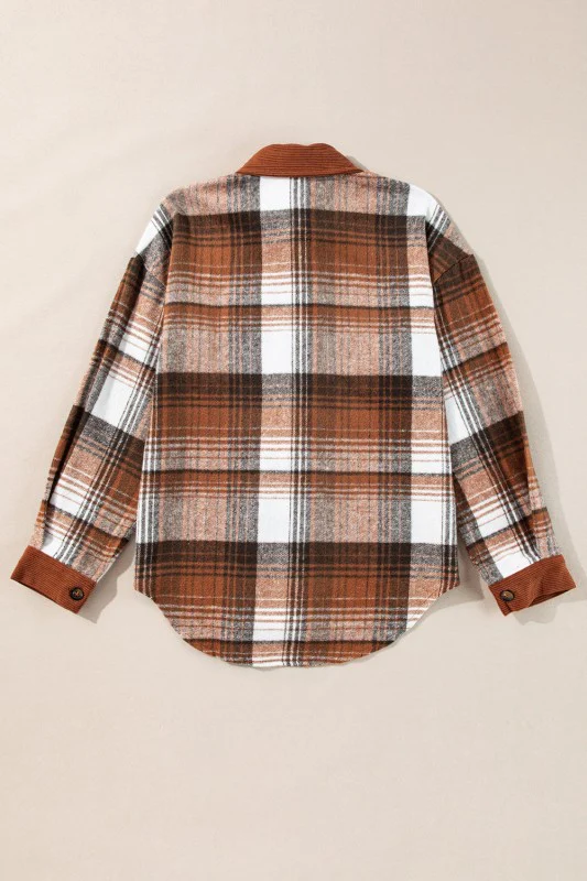 Plaid Corduroy Patchwork Pocketed Shacket - Image 23