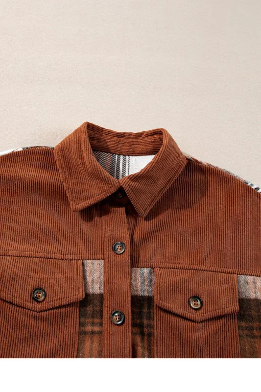 Plaid Corduroy Patchwork Pocketed Shacket - Image 25