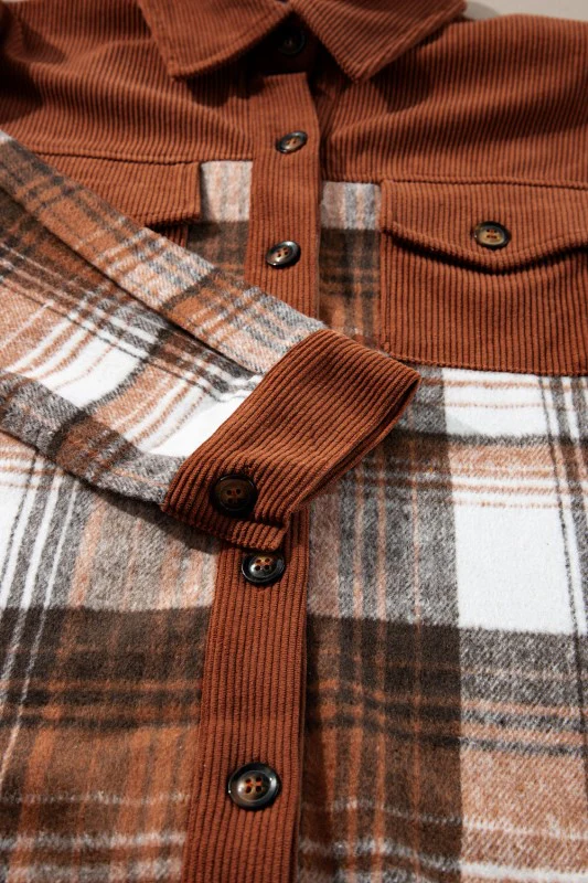 Plaid Corduroy Patchwork Pocketed Shacket - Image 28