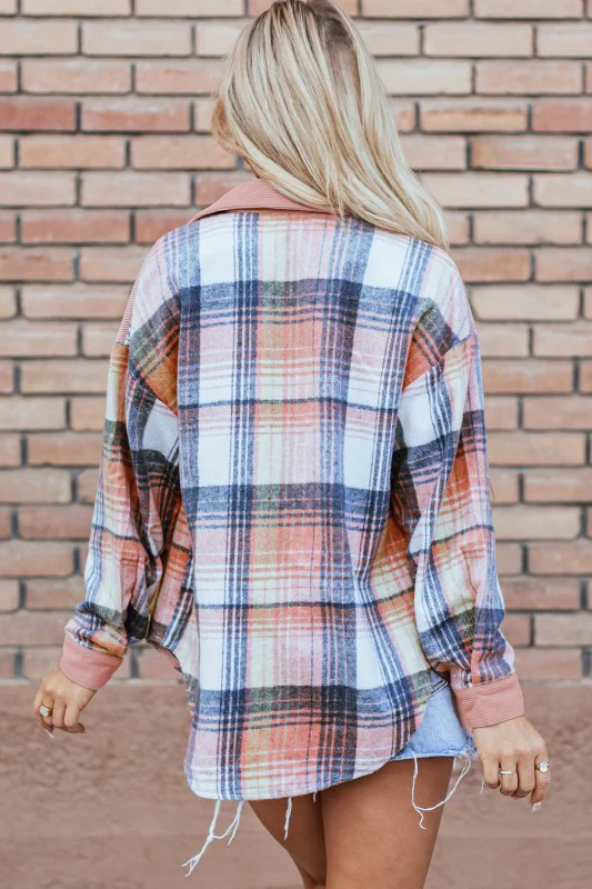 Plaid Corduroy Patchwork Pocketed Shacket - Image 3