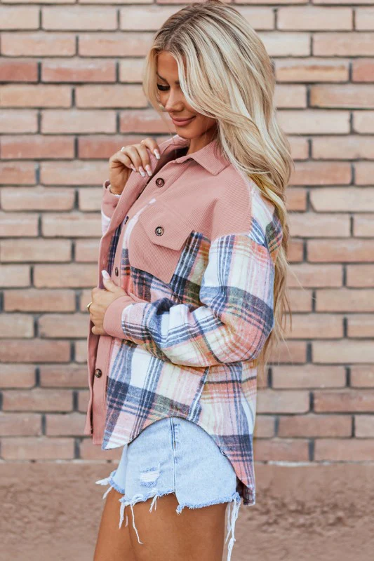 Plaid Corduroy Patchwork Pocketed Shacket - Image 6