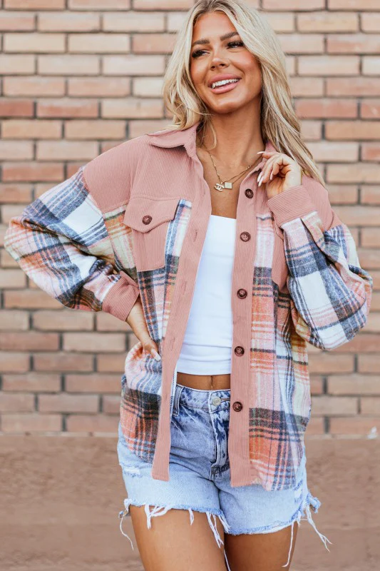 Plaid Corduroy Patchwork Pocketed Shacket - Image 8