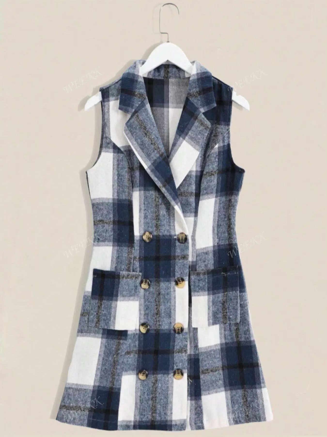 Plaid Double-Breasted Sleeveless Blazer Dress - Image 8