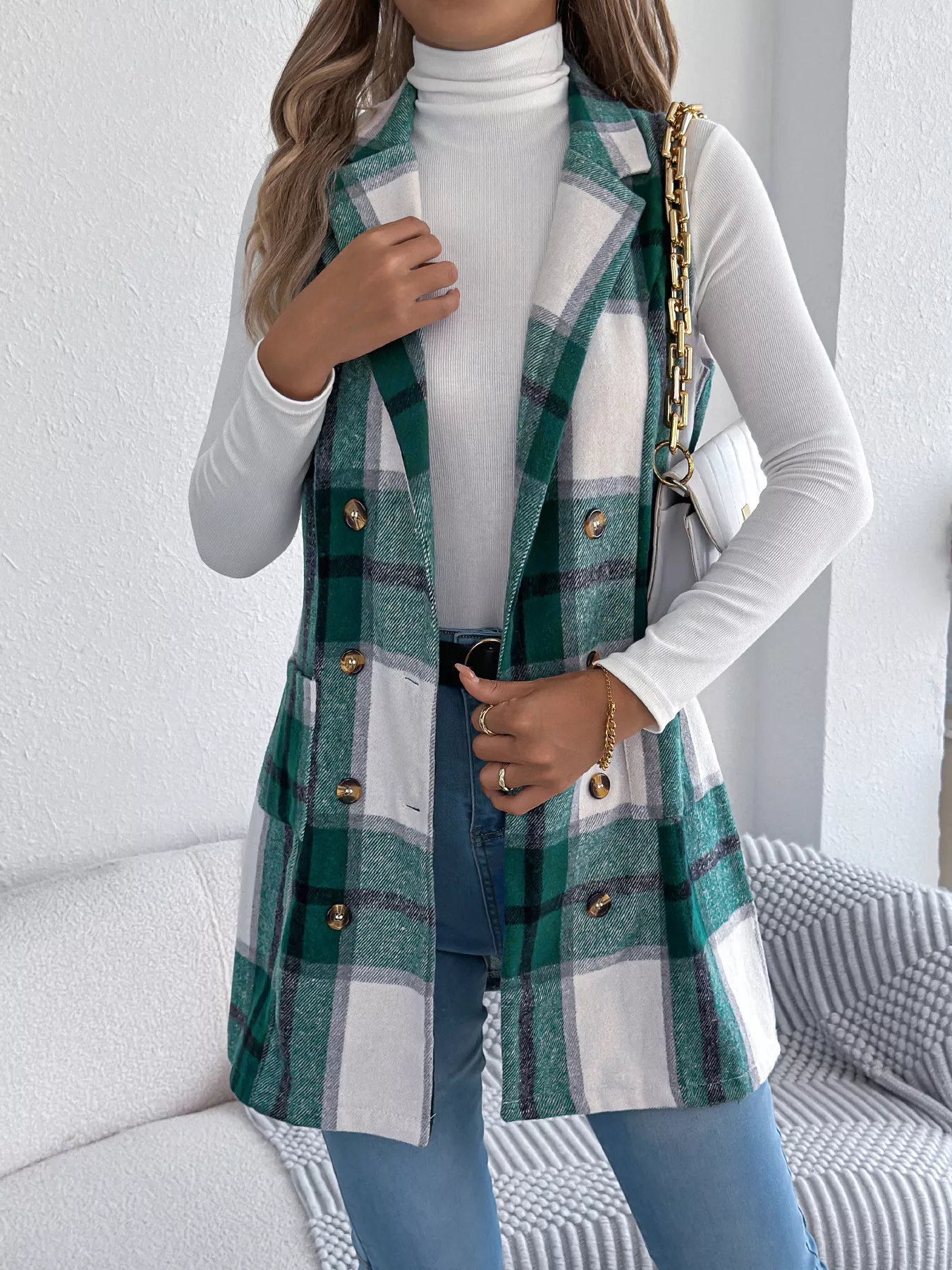 Plaid Double-Breasted Vest Coat - Image 11