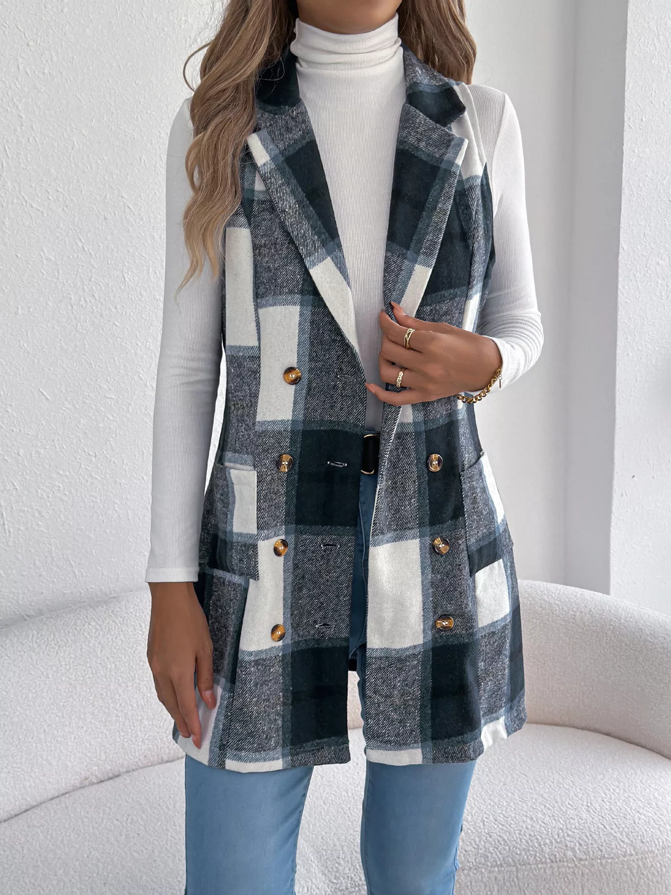 Plaid Double-Breasted Vest Coat - Image 13
