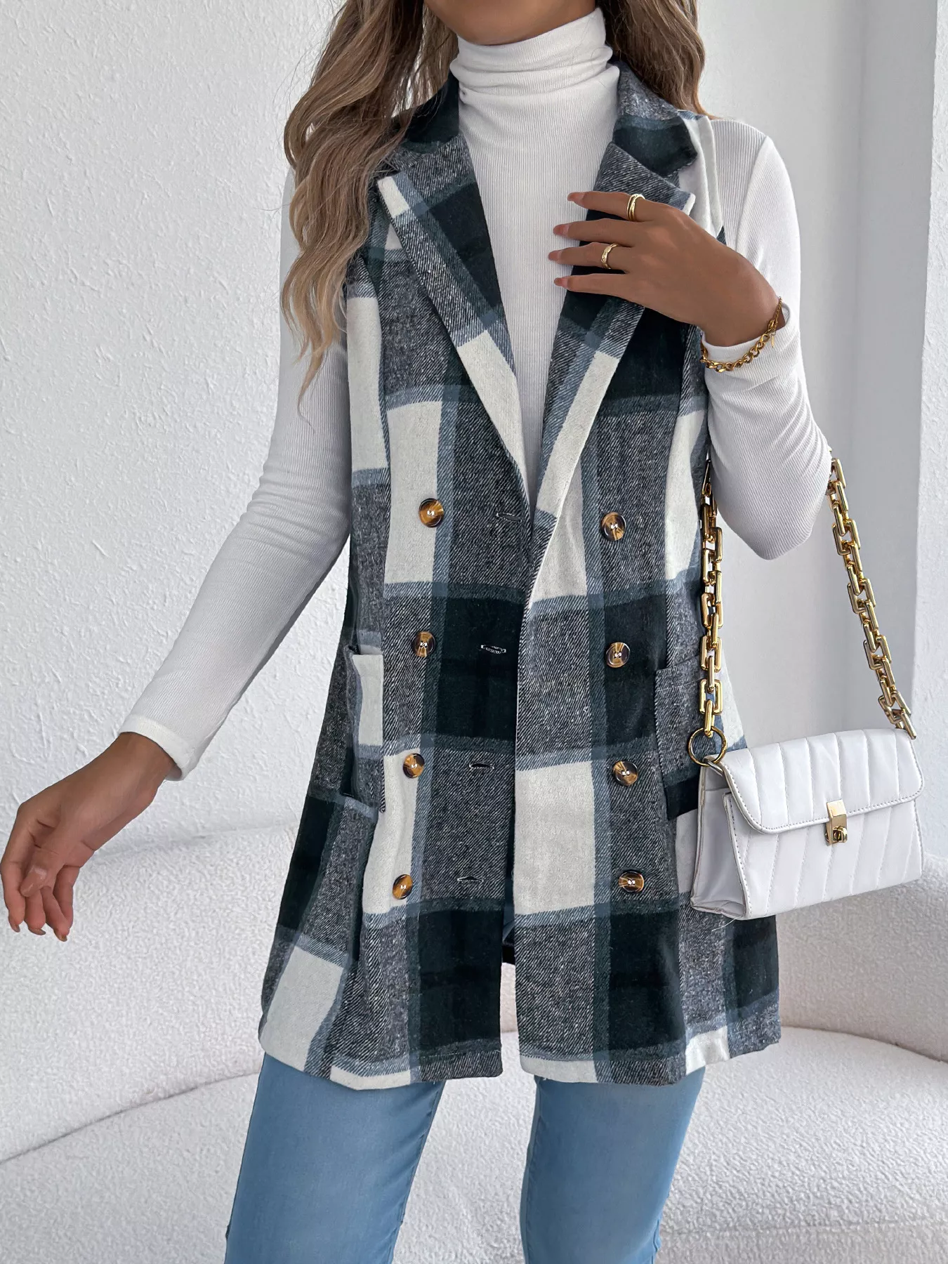 Plaid Double-Breasted Vest Coat - Image 17