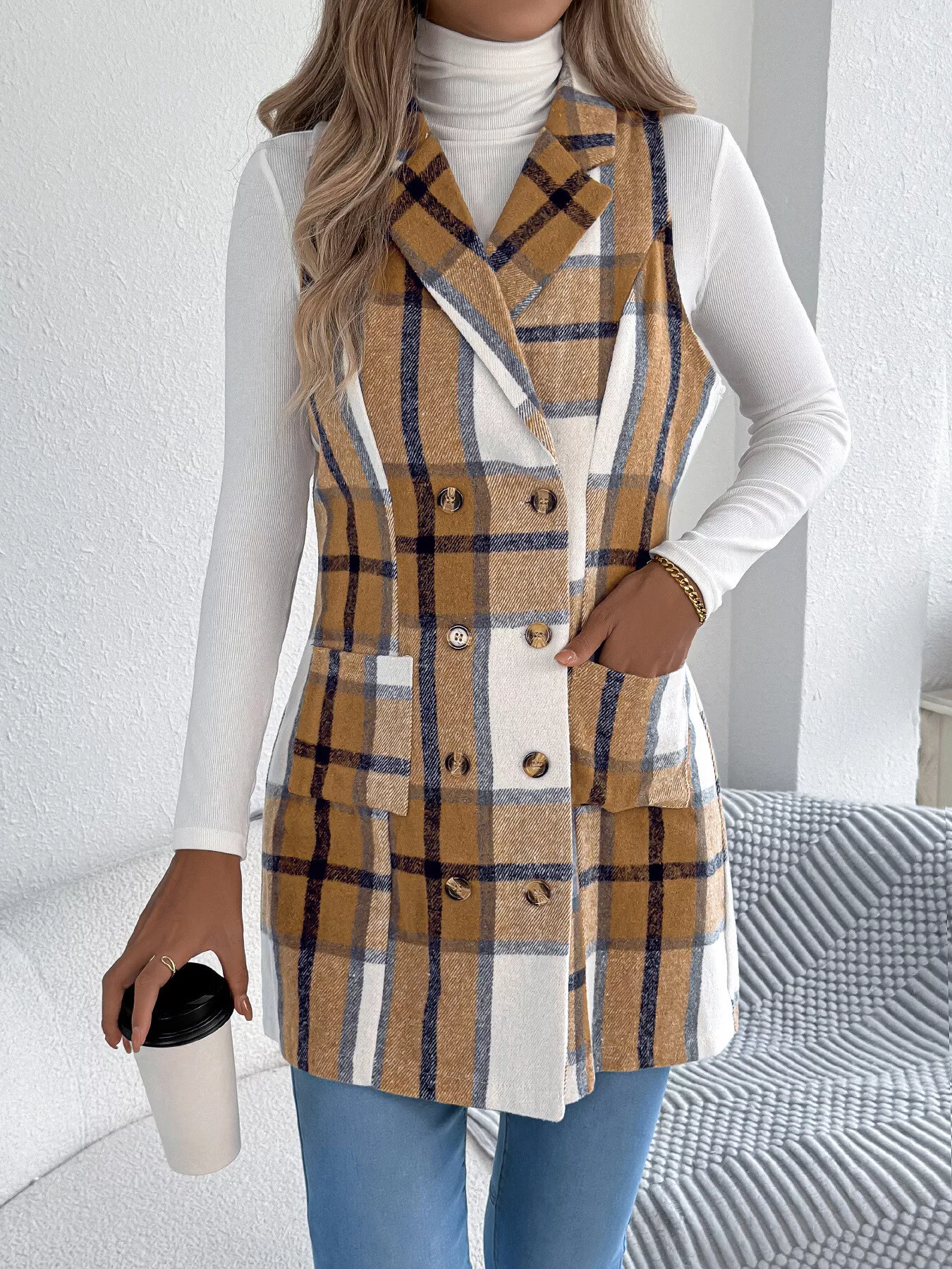 Plaid Double-Breasted Vest Coat - Image 4