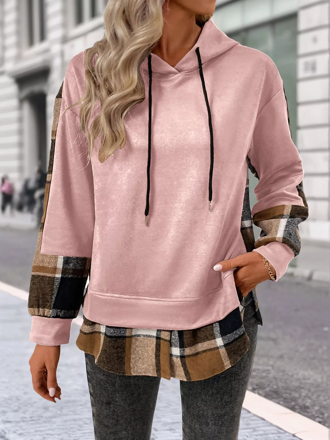 Plaid Drawstring Long Sleeve Hoodie - Image 17