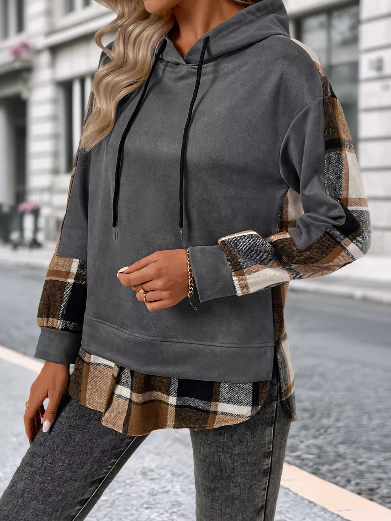 Plaid Drawstring Long Sleeve Hoodie - Image 2