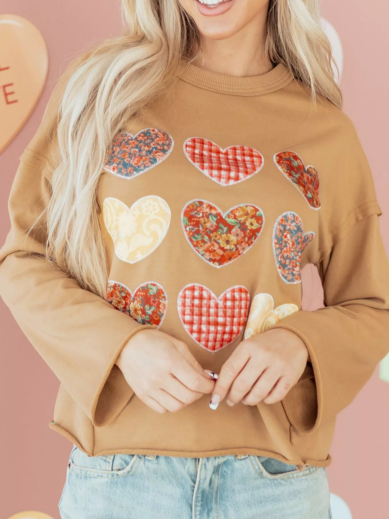Plaid Floral Heart Stitched Exposed Seam Mineral Wash Sweatshirt - Image 4