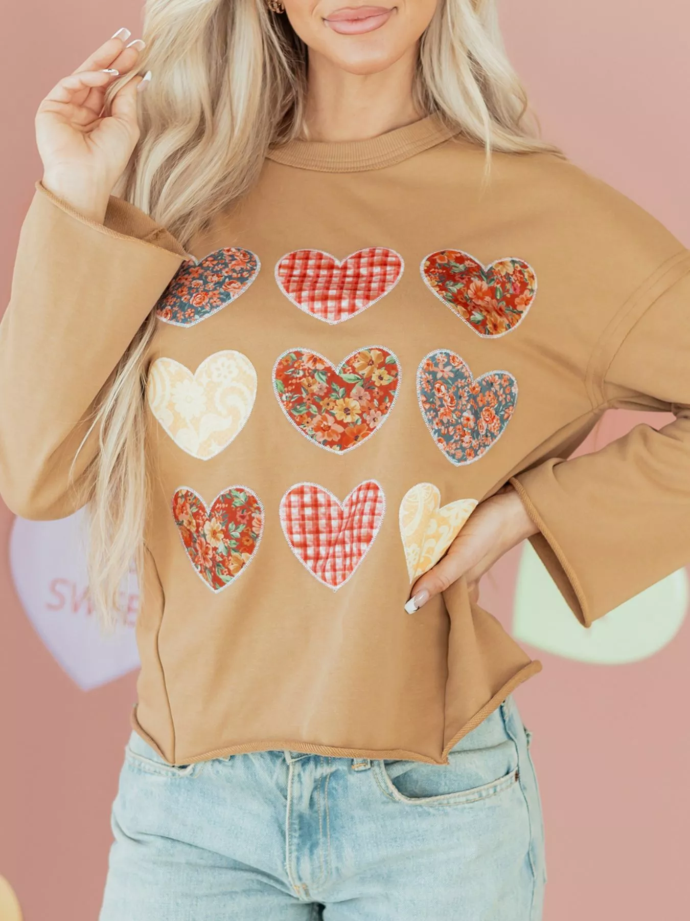 Plaid Floral Heart Stitched Exposed Seam Mineral Wash Sweatshirt - Image 5