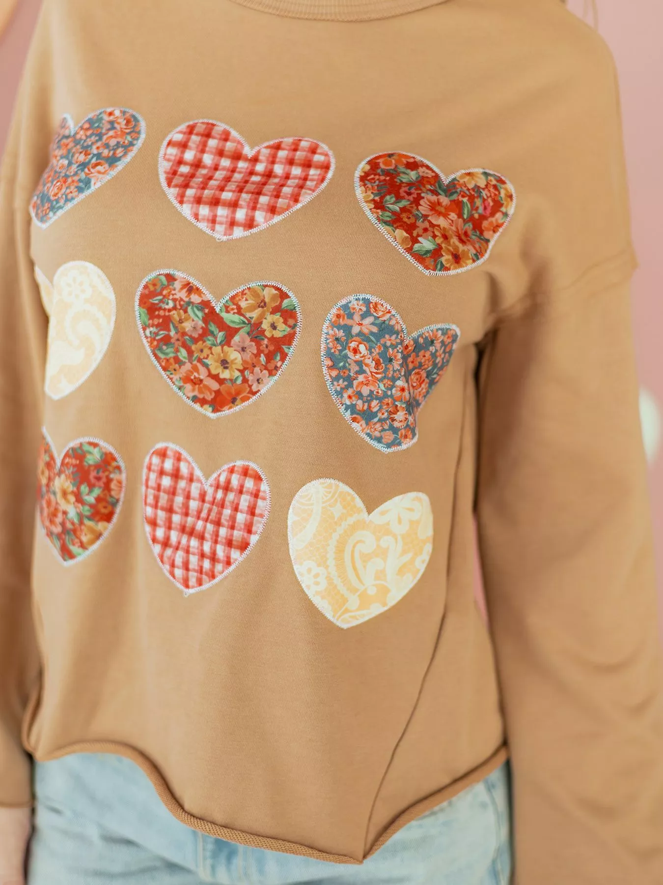 Plaid Floral Heart Stitched Exposed Seam Mineral Wash Sweatshirt - Image 8