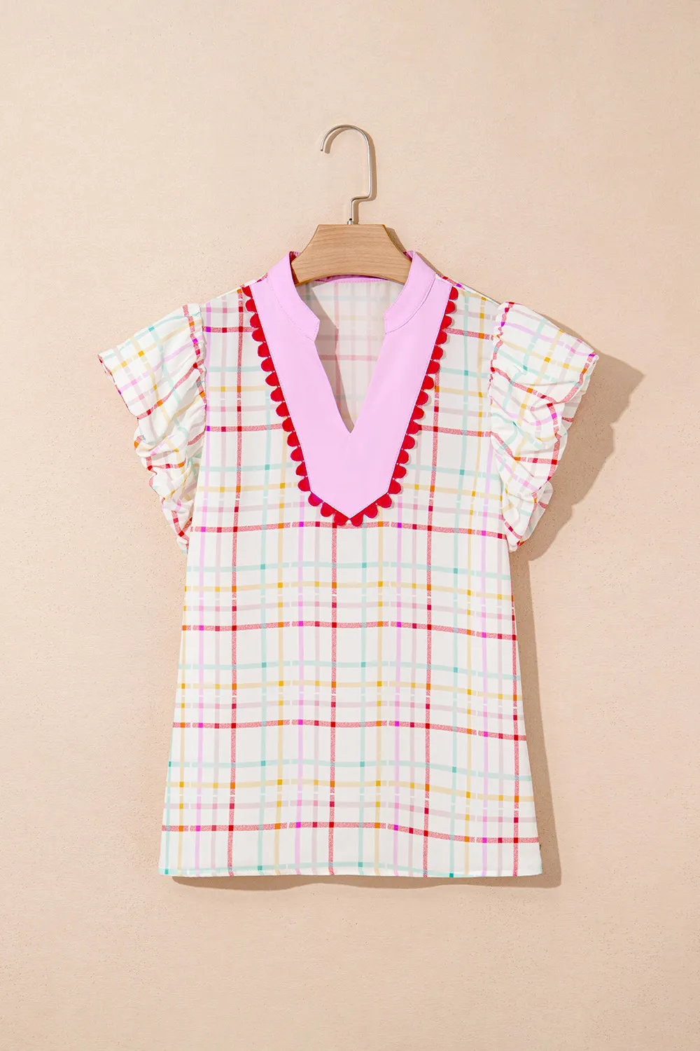 Plaid Flutter Sleeve Ric Rac Split V Neck Blouse - Image 4