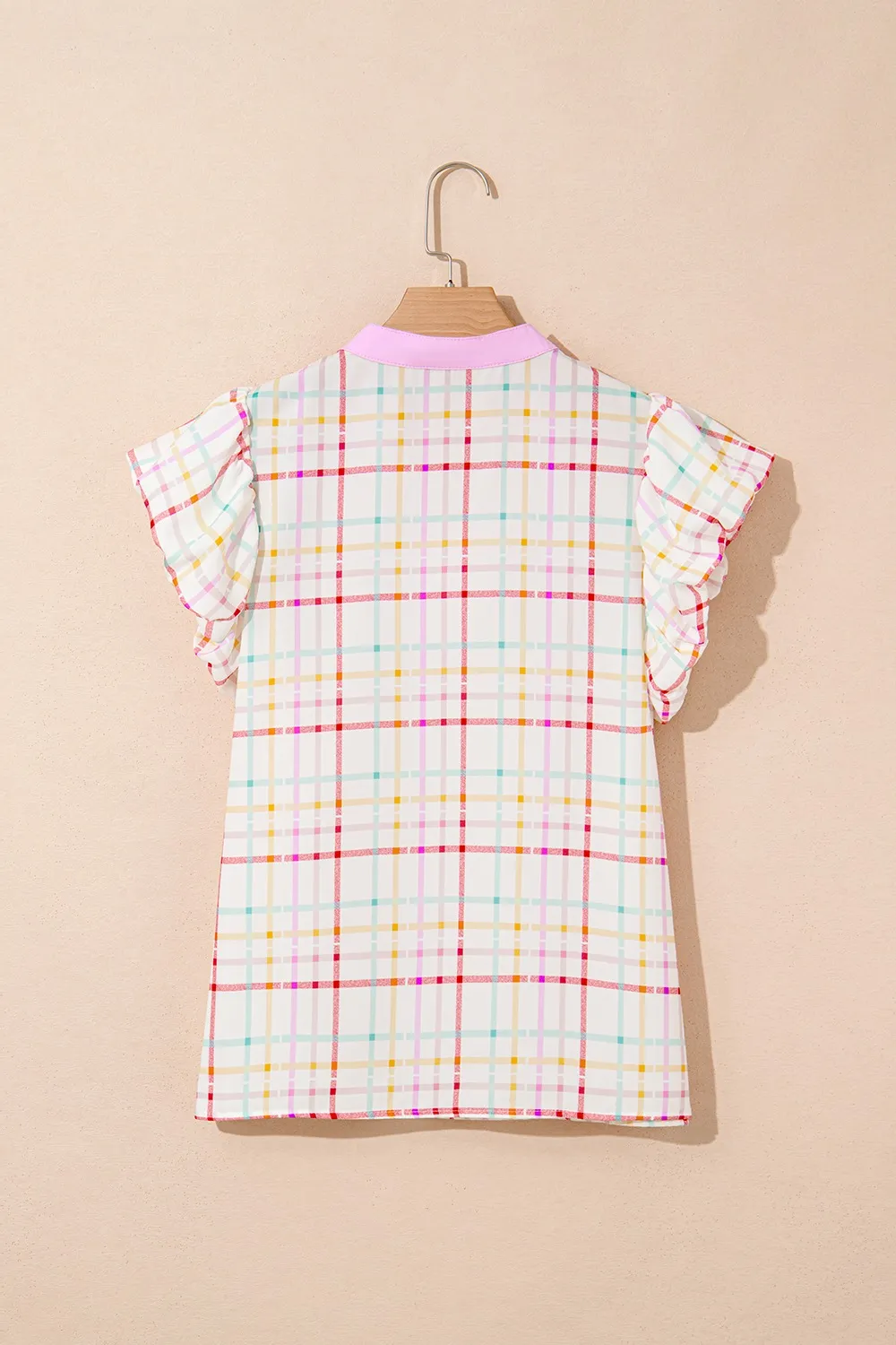 Plaid Flutter Sleeve Ric Rac Split V Neck Blouse - Image 5